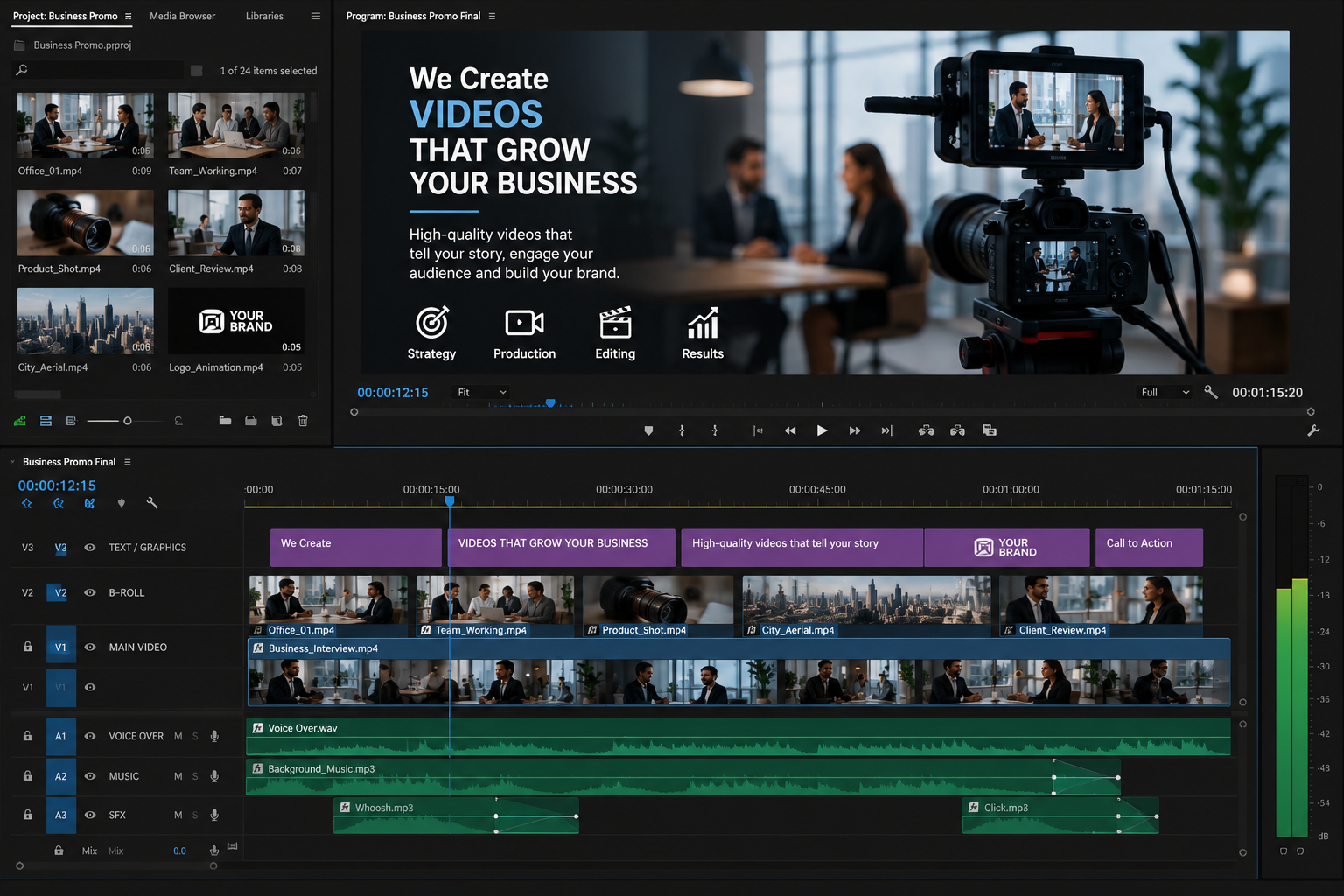 Business promotional video editing timeline