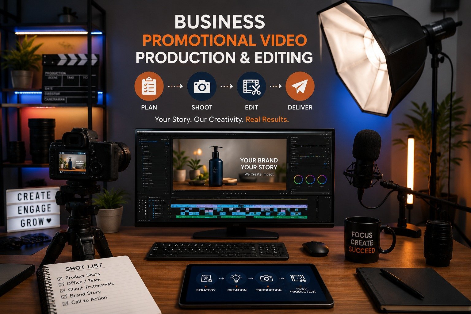 Business promotional video production and editing setup